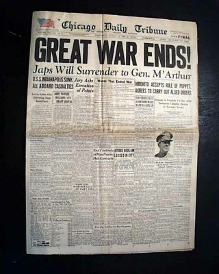 Japan Surrenders V - J Day World War Ii Wwii Over Peace In 1945 Old Newspaper