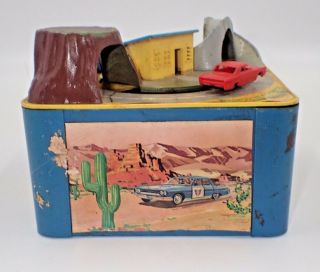 Vintage Cragston Tin Windup Toy Two Cars On Round Trestle 6 1/2 " Tall Hong Kong