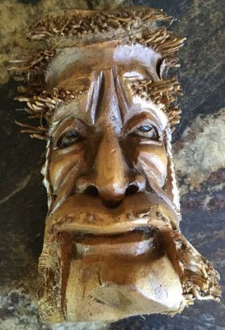 Vintage Hand Carved Wood Face Root Hair Eyebrows Mustache Wall Hanging