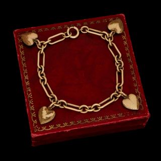 Antique Vintage Art Nouveau 14k Rose Gold Sweetheart Puffy Heart Charm Bracelet