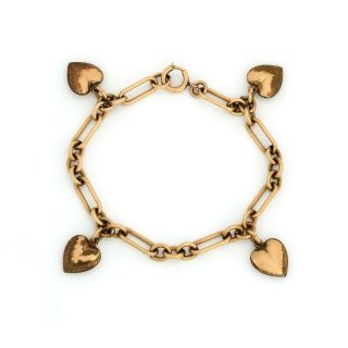 Antique Vintage Art Nouveau 14k Rose Gold Sweetheart Puffy Heart Charm Bracelet 3