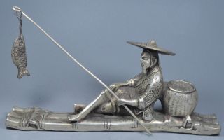 Handwork Old Auspicious Collectable Miao Silver Carve Fisherman Go Fish Statue