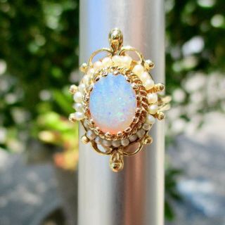 Vintage 14k Solid Yellow Gold Opal And Seed - Pearl Ring Size 7 Weights 6.  2 Grams