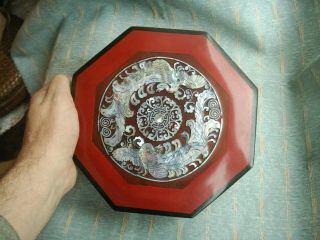 Old Vintage Chinese Lacquer Mother Of Pearl Decorated Phoenix Octagonal Box Wood