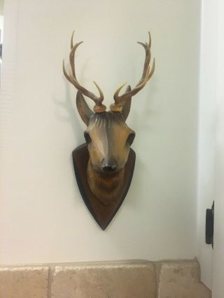 Vintage Hand Carved Wood Black Forest? Deer Head Glass Eyes Wall Mount