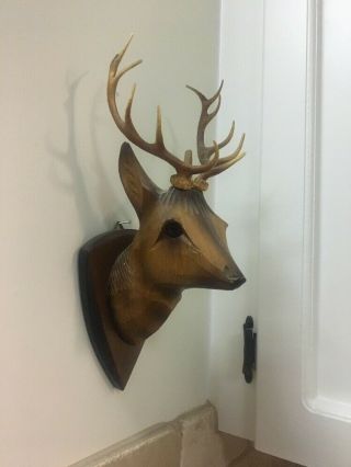 vintage hand carved wood black forest? deer head glass eyes wall mount 2