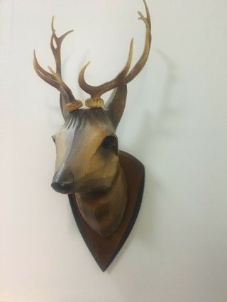 vintage hand carved wood black forest? deer head glass eyes wall mount 3
