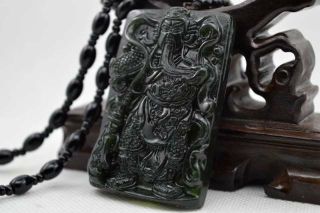 Chinese Natural Dark green Hand - carved Jade Pendant - 关公 guan gong Necklace 2