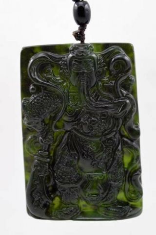 Chinese Natural Dark green Hand - carved Jade Pendant - 关公 guan gong Necklace 3