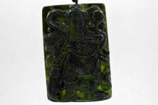 Chinese Natural Dark green Hand - carved Jade Pendant - 关公 guan gong Necklace 4