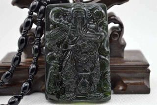 Chinese Natural Dark green Hand - carved Jade Pendant - 关公 guan gong Necklace 5