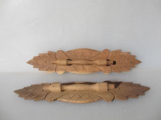 Vintage Wooden Carved Handles Pulls French Drawer Door Old Pair Leaf 15.  5 "