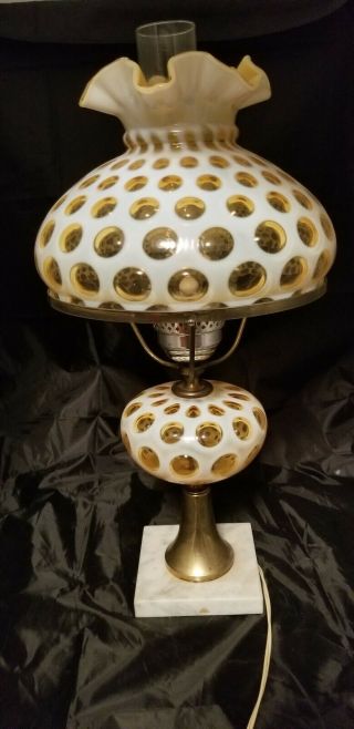 Rare Vintage Fenton Art Glass Honeysuckle Opalescent Coin Dot Lamp Marble Base
