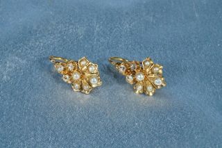 Antique French Victorian 18k Gold Rose Cut Diamond Pearl Earrings