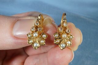ANTIQUE FRENCH VICTORIAN 18K GOLD ROSE CUT DIAMOND PEARL EARRINGS 8