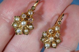 ANTIQUE FRENCH VICTORIAN 18K GOLD ROSE CUT DIAMOND PEARL EARRINGS 9