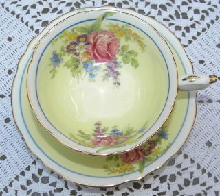 Paragon Pink Cabbage Rose Purple Yellow Floral Spray On Yellow Ground Cup Saucer