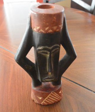 Tiki Wooden Statue Tribal Candle Holder 8 " Tall Tan & Dark Brown Figures Unique