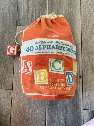 Vintage Halsam/playskool Wooden Alphabet Blocks With Bag 1050