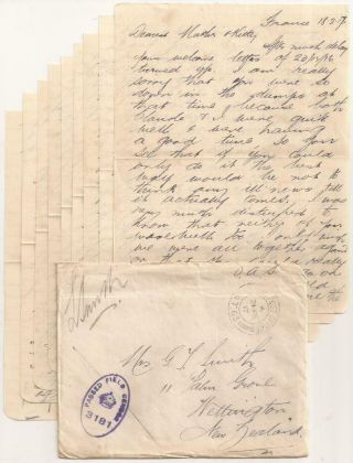 Wwi Letter.  France 1917.  Zealand Artillery.  Killed In Action.  Military Cross