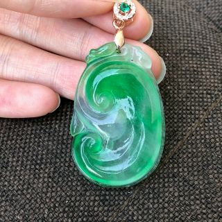 Rare Chinese Natural Ice Green Jadeite Jade Auspicious Ruyi Handwork Pendant 2