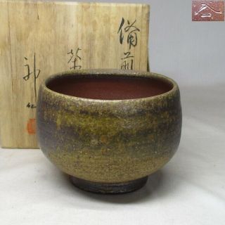 A045:antique Japanese Bizen Pottery Tea Bowl Matcha Chawan By Shinsen Mori W/box