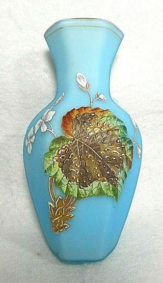 Antique Victorian Light Blue Overlay On White Hand Painted Enamel Flower Vase