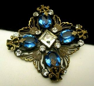 Rare Vintage 2 - 1/4 " Signed Joseff Of Hollywood Ornate Jeweled Blue Glass Brooch