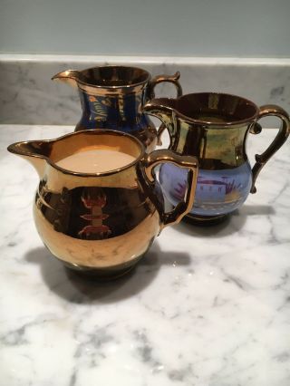 3 Copper W/blue Lustreware Vase Pitcher Creamer Gray 