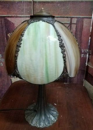 Antique/vtg Art Nouveau Floral Frame Brown Green Curved Slag Glass Table Lamp