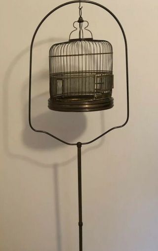 Vintage Brass Bird Cage with Matching Brass Stand 4