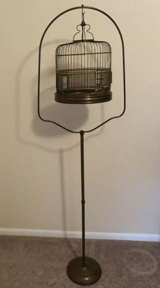 Vintage Brass Bird Cage with Matching Brass Stand 6