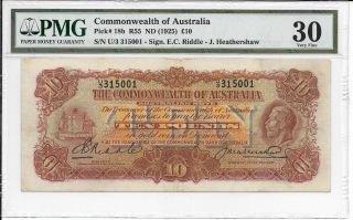 Rare Australia R55 (1927) £10 Riddle/heathershaw Kgv Pmg 30 Very Fine