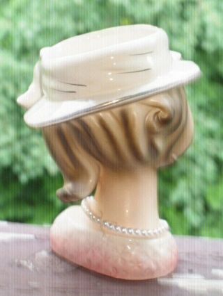 VTG - Enesco LADY iIN LARGE WHITE HAT HEAD VASE Ceramic Girl Planter - JAPAN 2