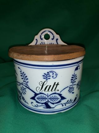 Antique Germany Stoneware Blue White Salt Cellar Wall Hanging Canister Wood Lid