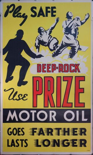 C.  1950s Play Safe Use Deep - Rock Prize Motor Oil Baseball Sign Poster Vintage