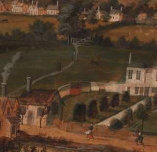 18thC Antique Naive Folk Art Watercolor Painting,  Farm & Village,  Fine Details 11