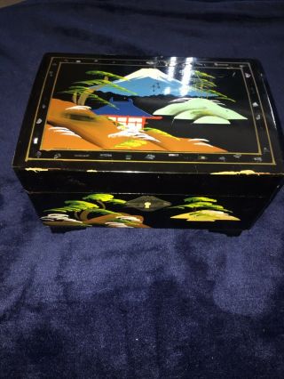 Vintage Oriental Black Lacquer Musical Jewellery Box - In Good Order.