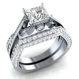 Art Deco Vintage 1.  20 Ct Princess Cut Diamond Engagement Ring Set 14k White Gold