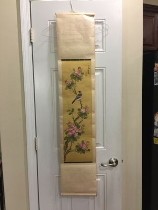 Vintage Hand Painted Chinese Bird Flowers Silk Print Wall Hanging Panel 10”x50”