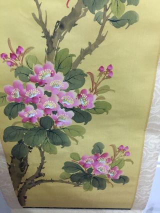 Vintage Hand Painted Chinese Bird Flowers Silk Print Wall Hanging Panel 10”x50” 3