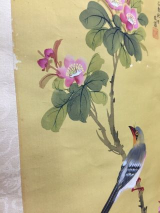 Vintage Hand Painted Chinese Bird Flowers Silk Print Wall Hanging Panel 10”x50” 6