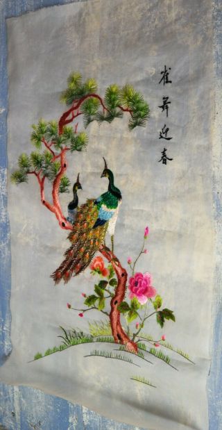 Antique Chinese Embroidered Embroidery Silk Panel Peacock Gardens Country Scene