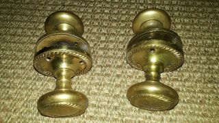 Quantity Of 2 Pairs Of Brass Doorknobs Fixed Rose Back Plate With Square Drive