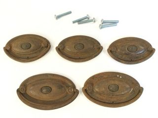 Set Of 5 Vintage Ornate Pressed Tin Oval Drawer Pulls - 2 Large,  3 Small