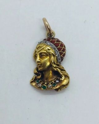 Antique Victorian 18k Yellow Gold Enamel Diamond & Emerald Figural Lady Charm