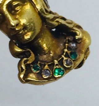 Antique Victorian 18k Yellow Gold Enamel Diamond & Emerald Figural Lady Charm 3