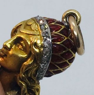 Antique Victorian 18k Yellow Gold Enamel Diamond & Emerald Figural Lady Charm 4