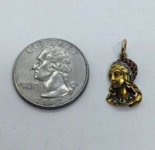 Antique Victorian 18k Yellow Gold Enamel Diamond & Emerald Figural Lady Charm 6