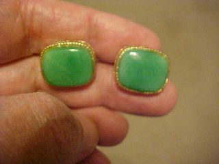 Antique Chinese Apple Green Jadeite Clipback Earrings In 14k Yellow Gold